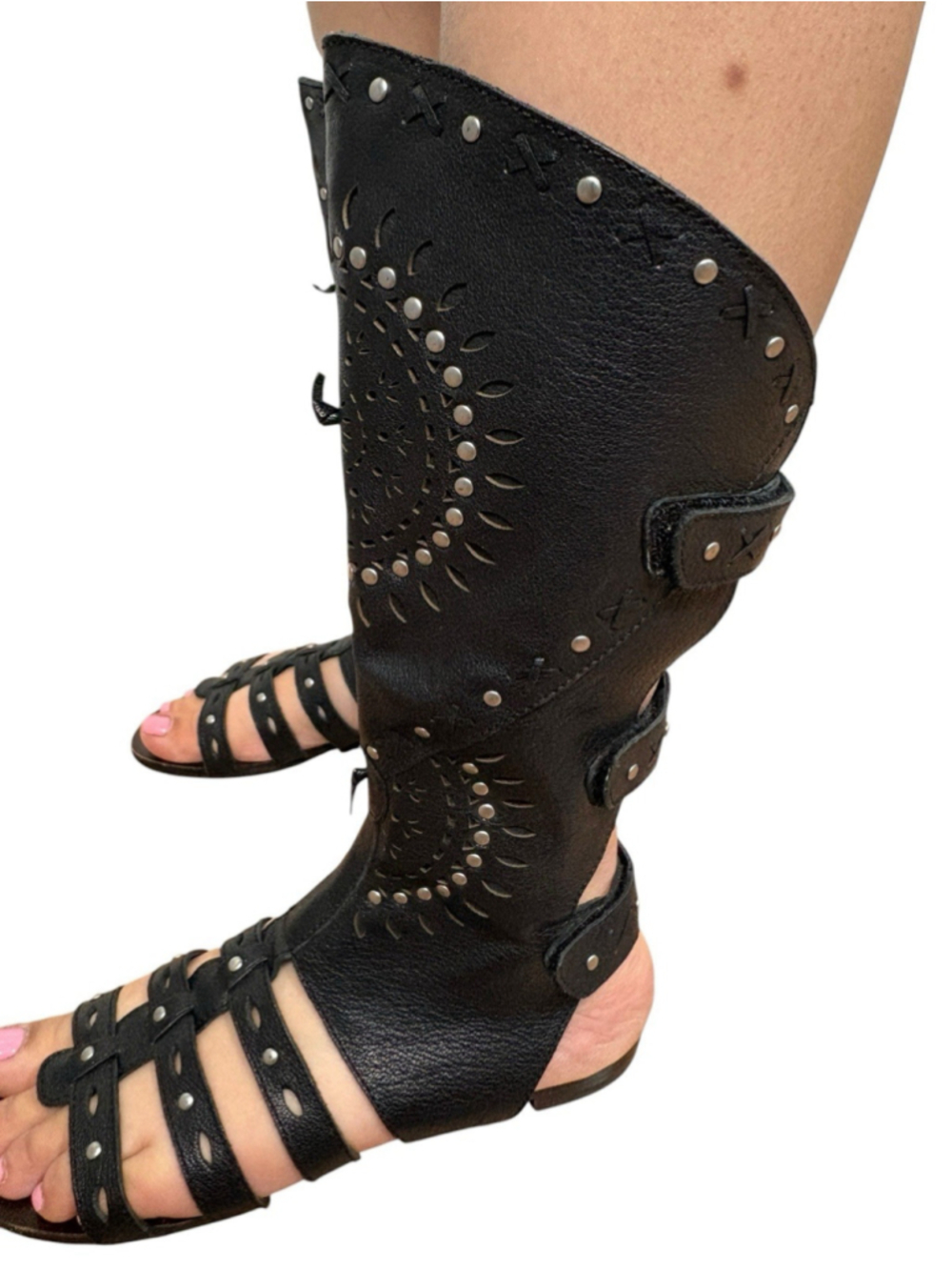 ASH Black Leather Cutout Gladiator Sandals Knee High Flat Sandals US 7 Rare - Picture 9 of 11